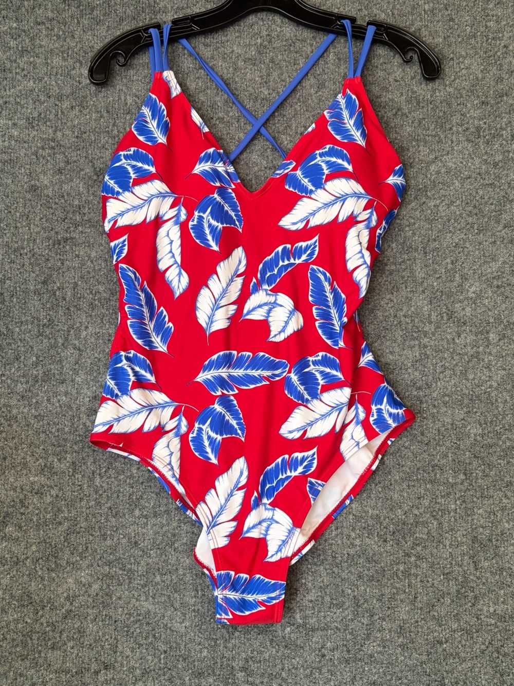 Red Tropical-Print V-Neck One-Piece Swimsuit with Blue Straps